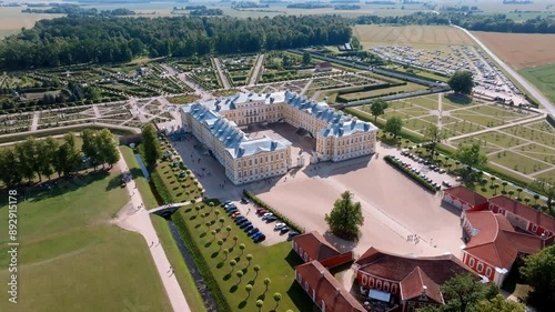 Aerial view of  Rundale Palace and Garden in Latvia, Majestic Baroque Architecture and Scenic Beauty in summer