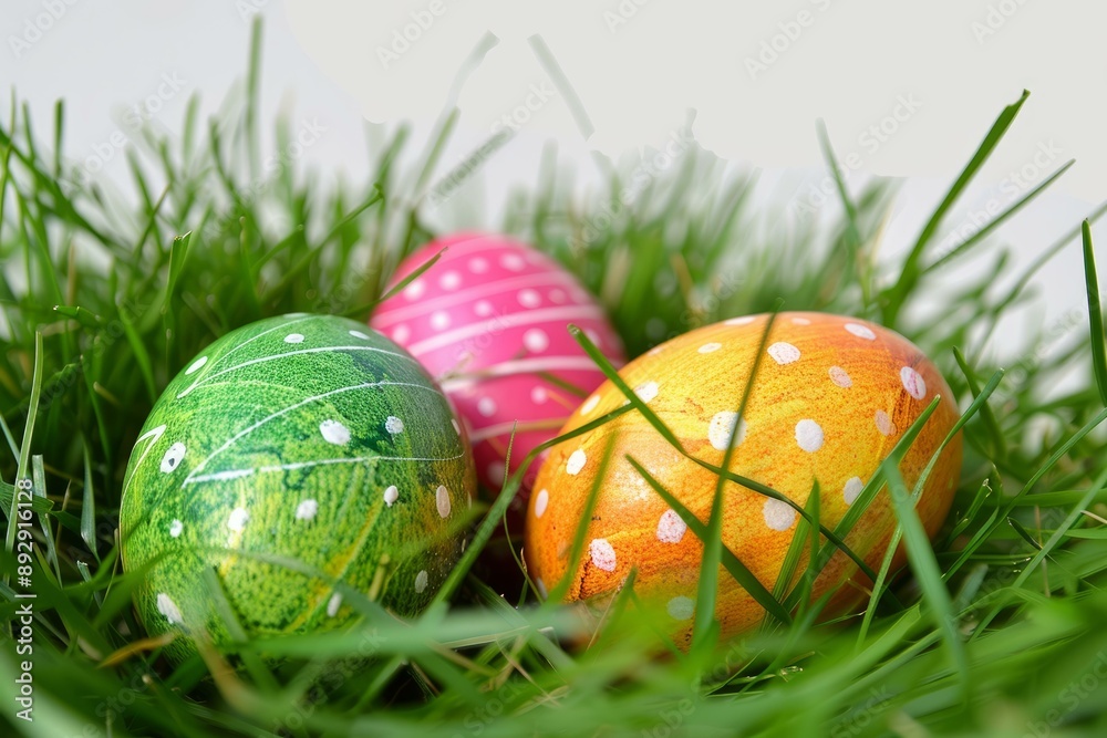 Vibrant painted eggs hidden in grass signify easter celebration Vibrant painted eggs hidden in grass signify easter celebration