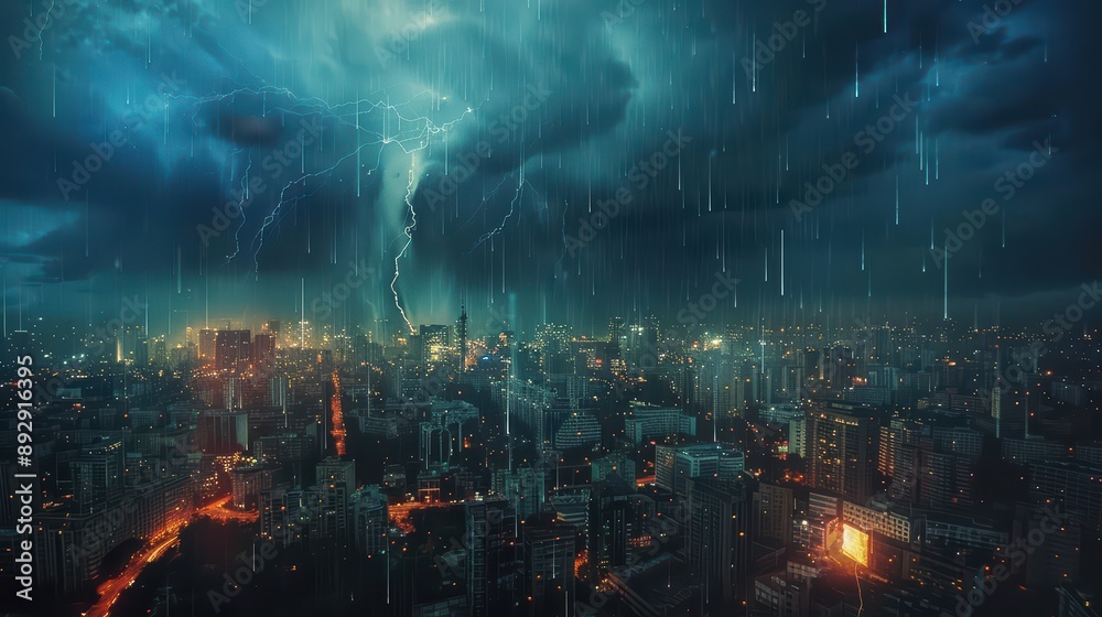 A dramatic shot of lightning illuminating a rain-soaked city A dramatic shot of lightning illuminating a rain-soaked city