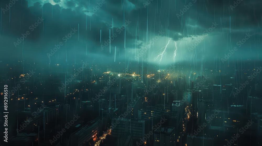 Fototapeta premium A dramatic shot of lightning illuminating a rain-soaked city