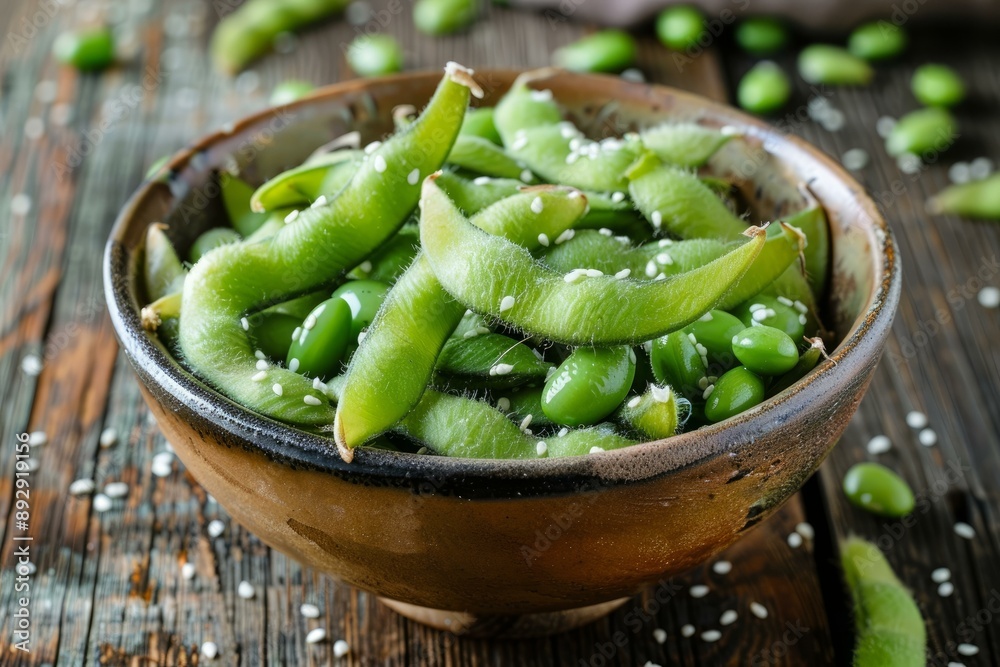 Steamed edamame beans sprinkled with sea salt in a rustic bowl on wooden background Steamed edamame beans sprinkled with sea salt in a rustic bowl on wooden background