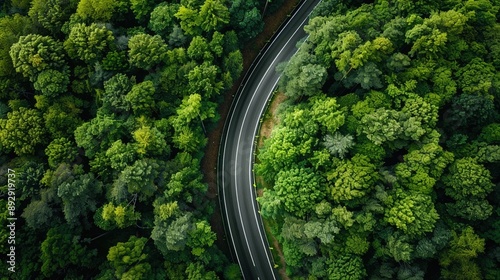 Highway in the forest, dense trees, tranquil environment