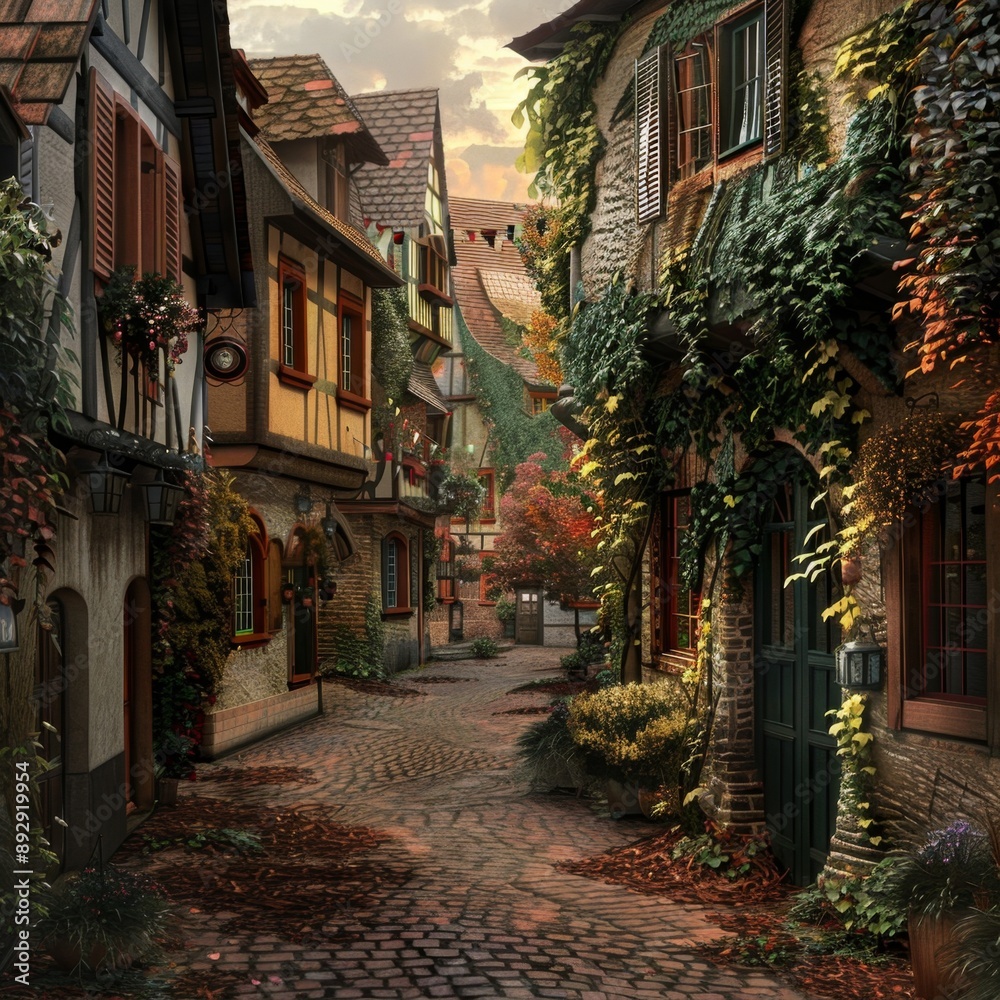 Fototapeta premium A high-quality stock image of a charming street in a European village. The image captures the picturesque architecture and cobblestone path. AI generation.