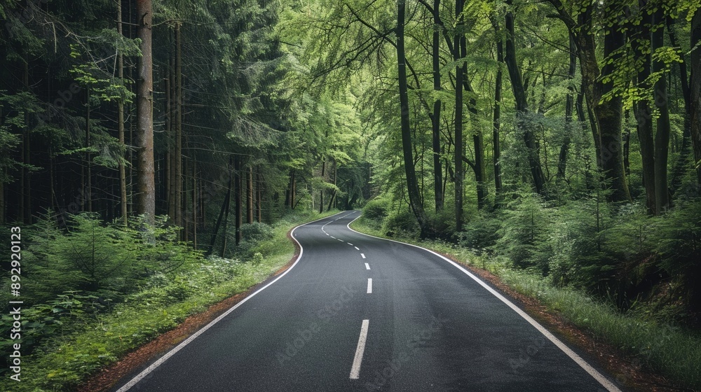 Highway in the forest, dense trees, tranquil environment Highway in the forest, dense trees, tranquil environment