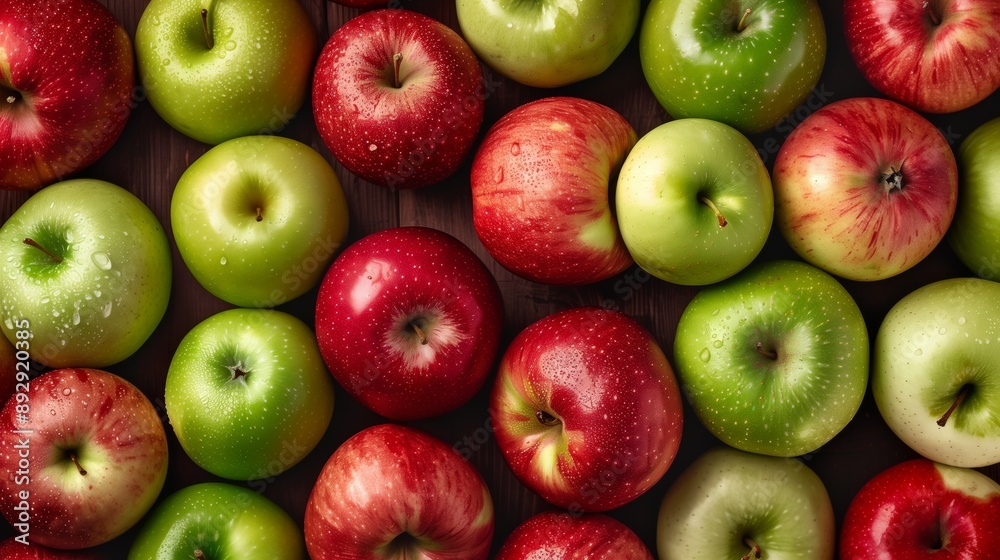 Fresh ripe red and green apples as background, top view Fresh ripe red and green apples as background, top view