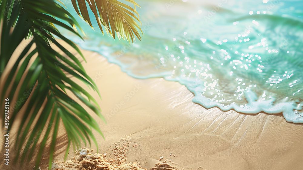 Beautiful summer background with sandy beach and palm leaves Beautiful summer background with sandy beach and palm leaves