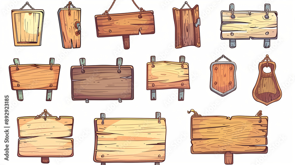 Vector icon set of wooden signs hanging on chains Vector icon set of wooden signs hanging on chains