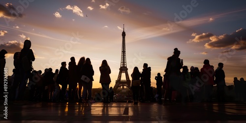 Silhouetted crowd at sunset viewing Eiffel Tower during Paris Olympic Games 2024, a major French event