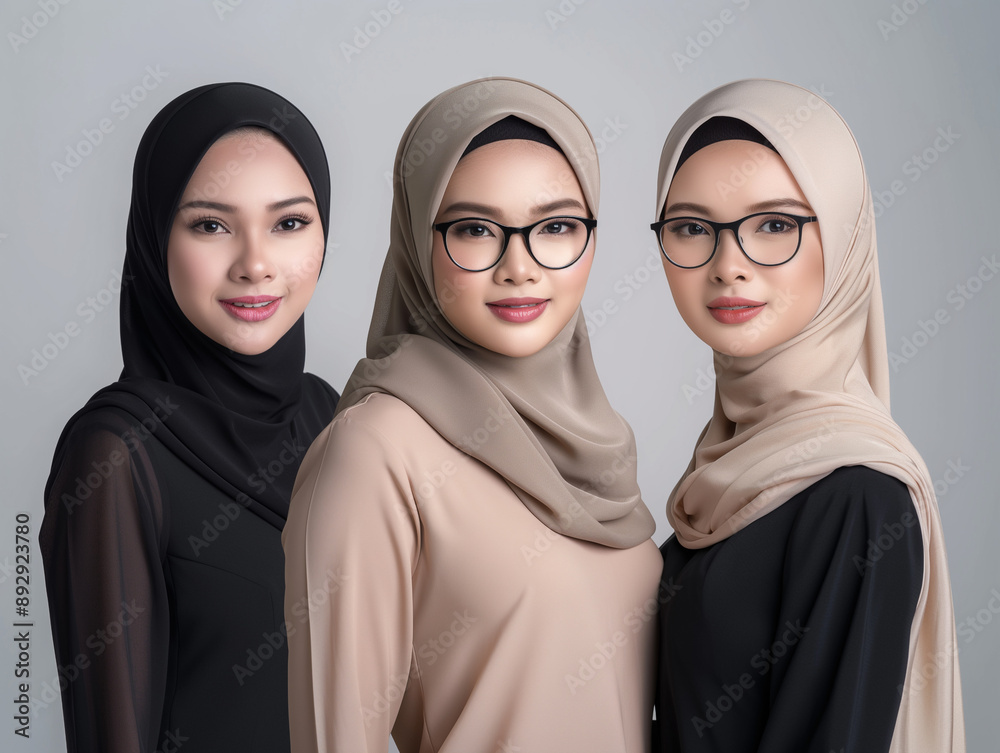 Portrait of three smiling women in hijab, modern fashion, high-quality image, cultural diversity, elegant attire, confident poses, traditional wear, inclusive beauty, stylish headscarves. Portrait of three smiling women in hijab, modern fashion, high-quality image, cultural diversity, elegant attire, confident poses, traditional wear, inclusive beauty, stylish headscarves.