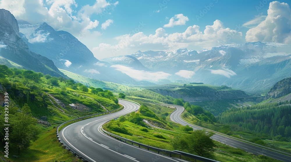 Highway with scenic overlook, viewpoint, picturesque landscape Highway with scenic overlook, viewpoint, picturesque landscape