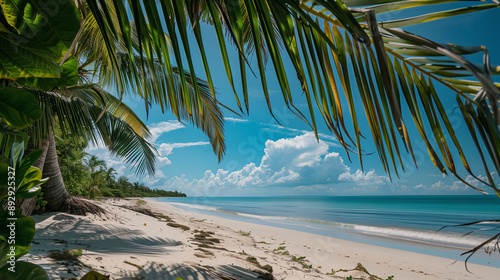 A beautiful beach with palm trees and a blue sky