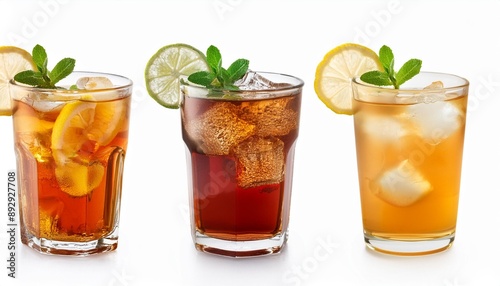 ice tea bourbon whiskey and lemonade with lemon and mint garnish isolated on white background