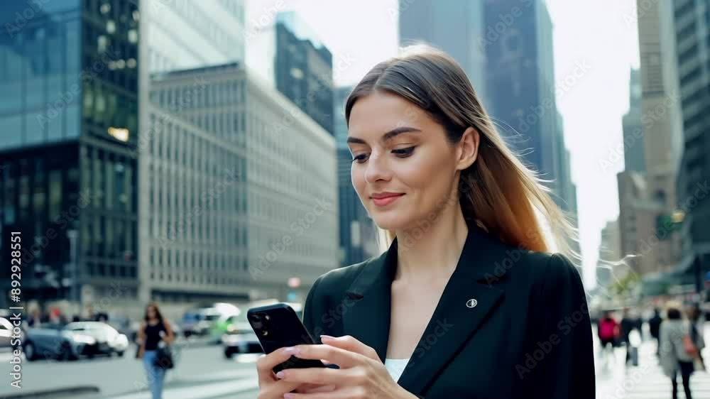 Business woman walking street texting on phone