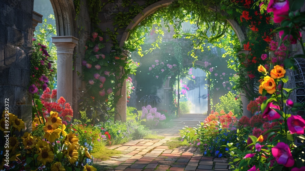 Fototapeta premium A sunlit brick pathway lined with colorful flowers, leading under charming vine-covered arches, creating a warm, inviting, serene garden ambiance.