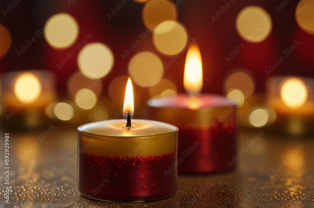 red burning candles floating over festive blurred bokeh golden background red burning candles floating over festive blurred bokeh golden background