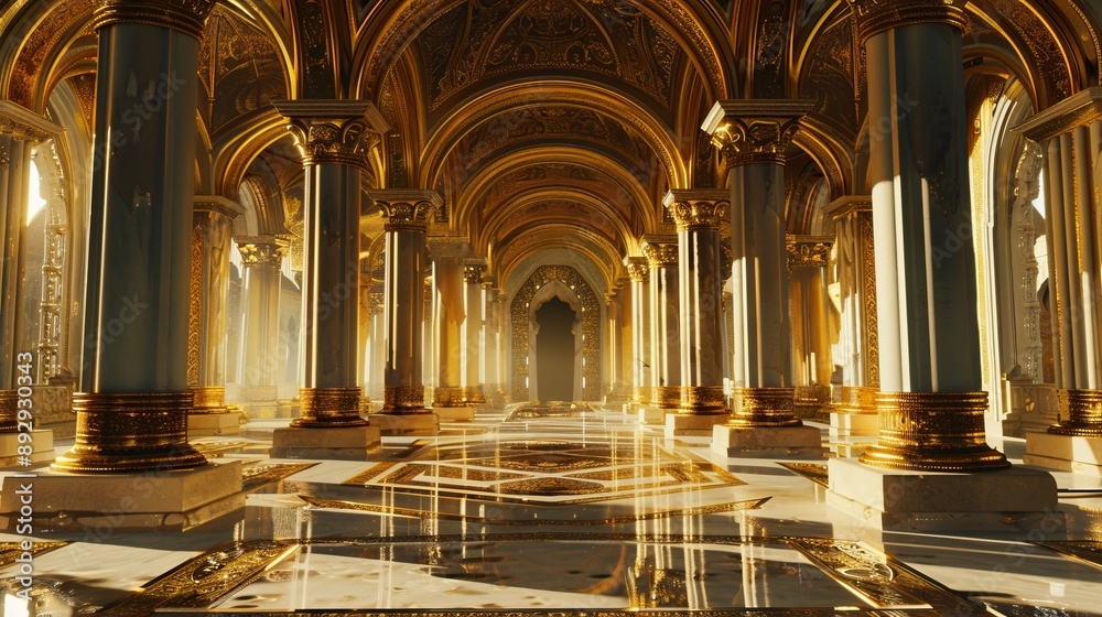 An expansive golden-lit hallway adorned with ornate marble columns and intricate archways, reflecting elegance, grandiosity, and historical artistic style. An expansive golden-lit hallway adorned with ornate marble columns and intricate archways, reflecting elegance, grandiosity, and historical artistic style.