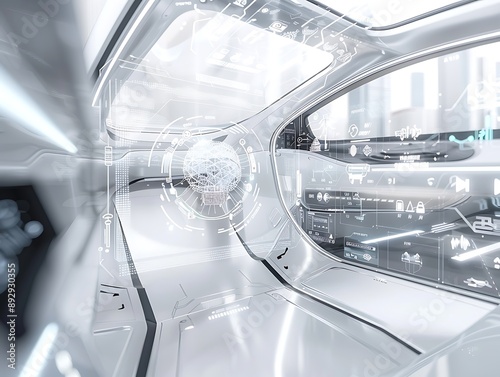 Minimalist Silver and White Technology Background Featuring AI Neural Network Elements in an Autonomous Vehicle Interface, Ideal for Hi-Tech Communication Themes