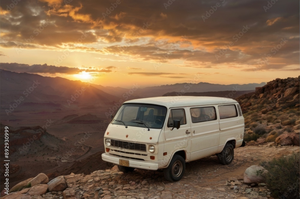 Fototapeta premium vintage white and orange van parked on a rocky, elevated spot, overlooking a stunning landscape at sunset
