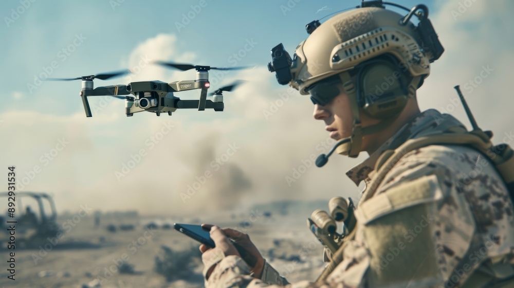 Soldier operating drone in desert setting. Military tactical scenario portrayal. Modern technology use in defense. Rugged environment with soldier focused on remote control. AI Soldier operating drone in desert setting. Military tactical scenario portrayal. Modern technology use in defense. Rugged environment with soldier focused on remote control. AI