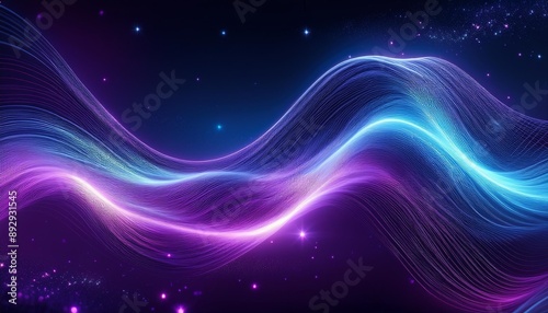 glowing abstract purple and blue waves with twinkling stars cosmic design elements