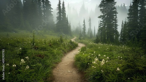 A serene image of a winding trail through a mist-covered pine forest, evoking feelings of tranquility, solitude, and connection with nature in an untouched, pristine environment.