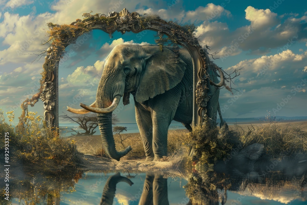 Fototapeta premium Enchanting image of an elephant viewed through an antique ornate mirror standing in the wild