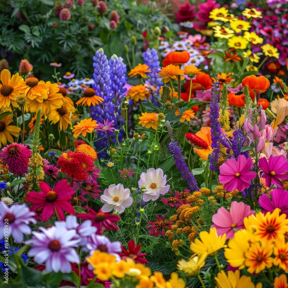Obraz premium A high-quality stock image of a vibrant flower garden in full bloom. The image showcases the beauty and diversity of flowers. AI generation.