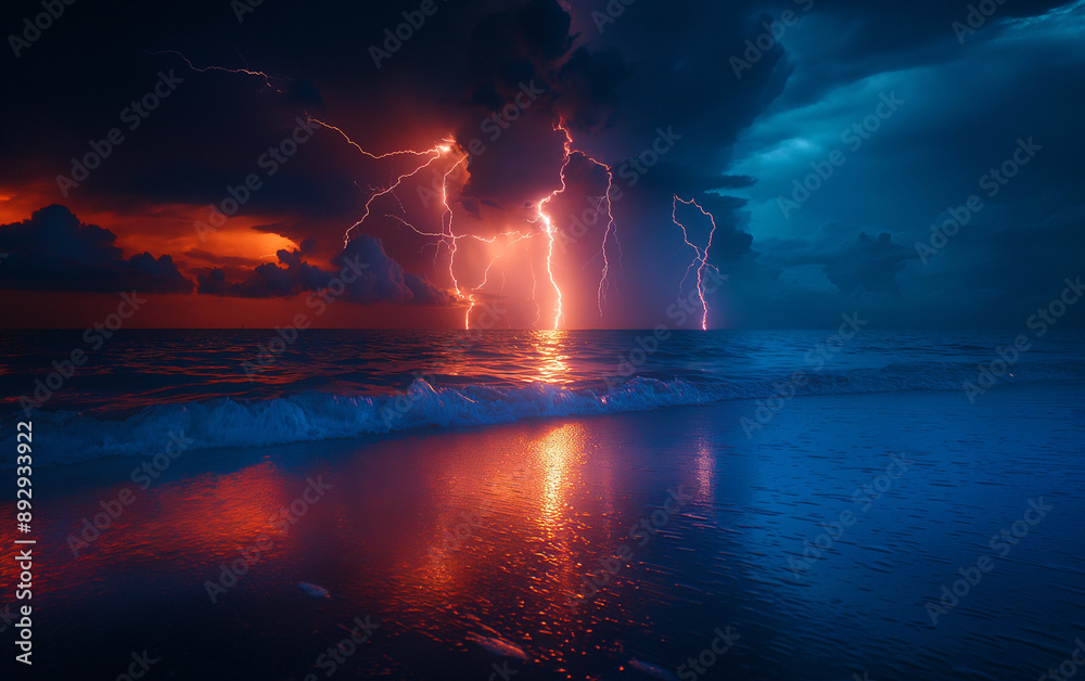 Lightning strikes hitting the ocean by the beach during the storm Lightning strikes hitting the ocean by the beach during the storm