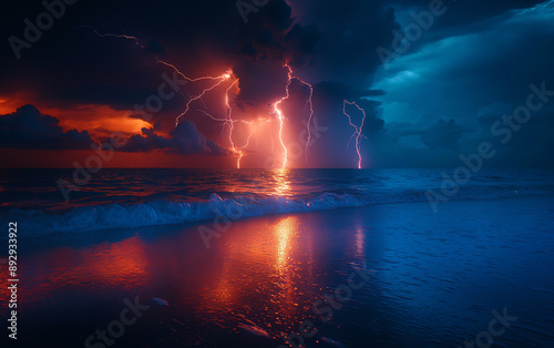 Lightning strikes hitting the ocean by the beach during the storm