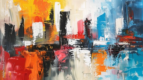 A vivid abstract painting of a colorful city skyline with bold brush strokes and dynamic textures, reflecting the energy and vibrancy of urban living.