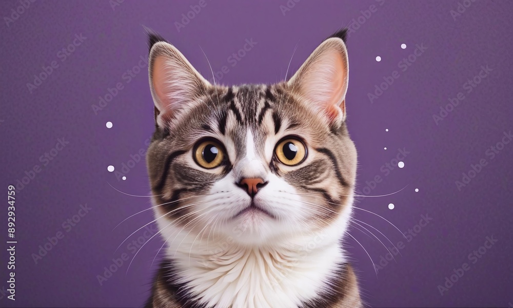 Cute banner with a cat looking up on purple background Cute banner with a cat looking up on purple background