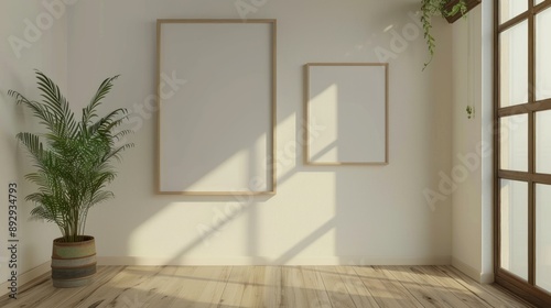 A minimalist room with a plant in a pot and two empty picture frames on the wall