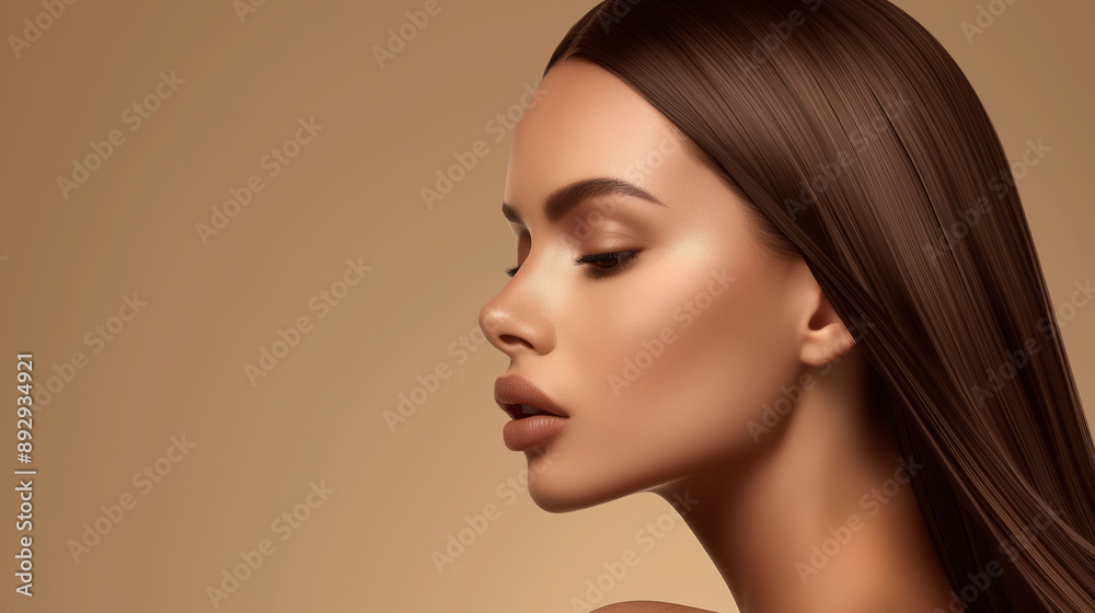 Close-up side profile of woman with long smooth hair, beige background, serene expression, natural beauty, professional photography, high-quality image, soft lighting, elegant look Close-up side profile of woman with long smooth hair, beige background, serene expression, natural beauty, professional photography, high-quality image, soft lighting, elegant look