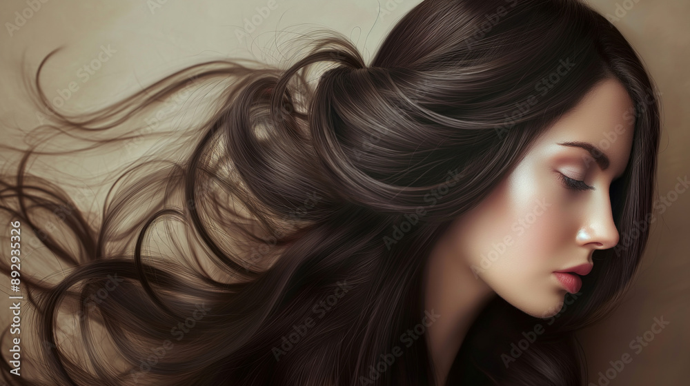 Side profile of woman with long flowing hair, beige background, serene expression, natural beauty, professional photography, high-quality image, soft lighting, elegant look, studio shot Side profile of woman with long flowing hair, beige background, serene expression, natural beauty, professional photography, high-quality image, soft lighting, elegant look, studio shot