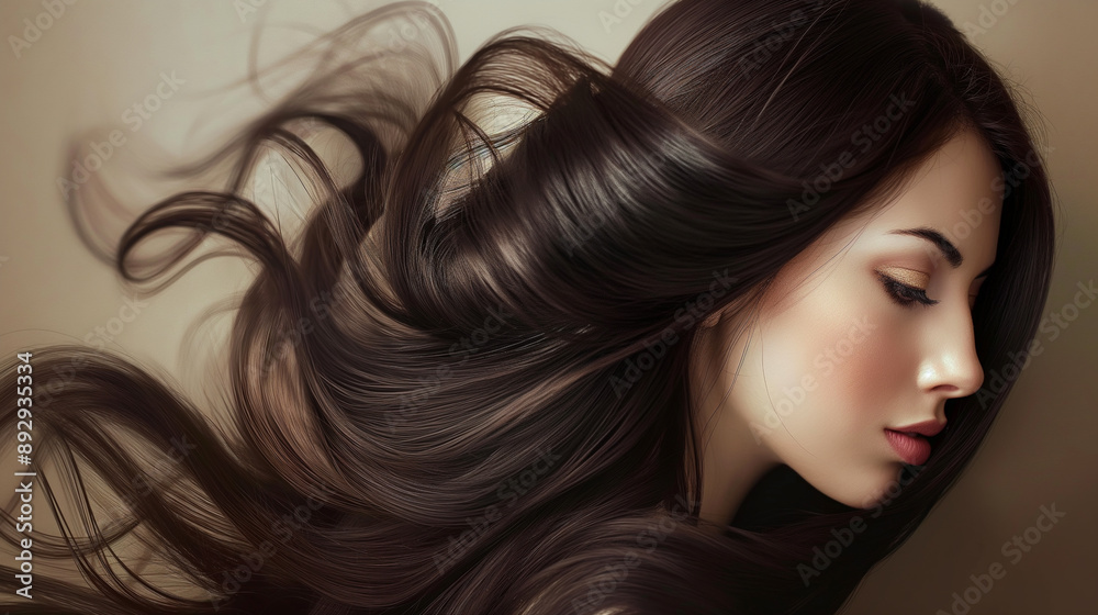 Side profile of woman with long flowing hair, beige background, serene expression, natural beauty, professional photography, high-quality image, soft lighting, elegant look, studio shot Side profile of woman with long flowing hair, beige background, serene expression, natural beauty, professional photography, high-quality image, soft lighting, elegant look, studio shot
