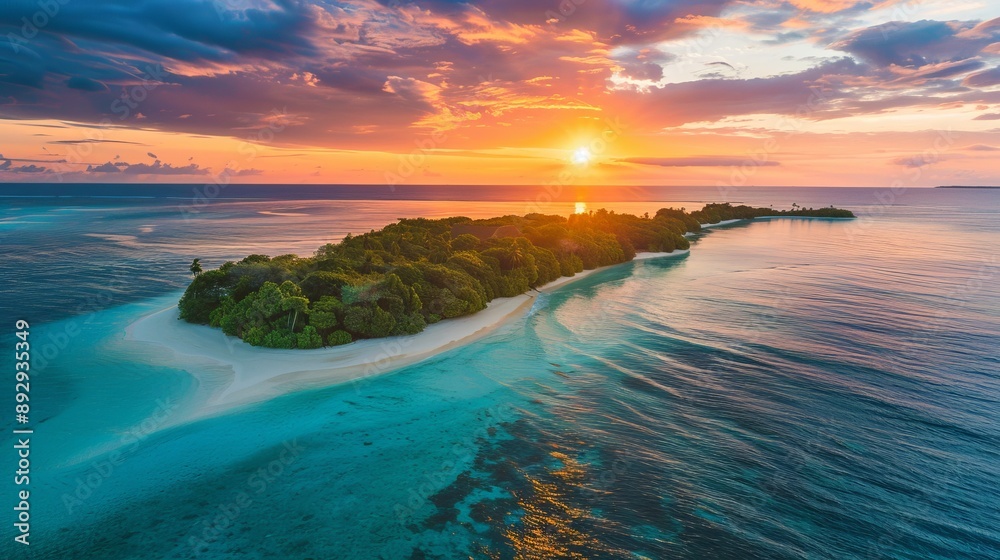 Fototapeta premium A stunning sunset over a tropical island with lush greenery and pristine beach, reflecting in the calm waters, capturing a serene and tranquil moment in nature's beauty.