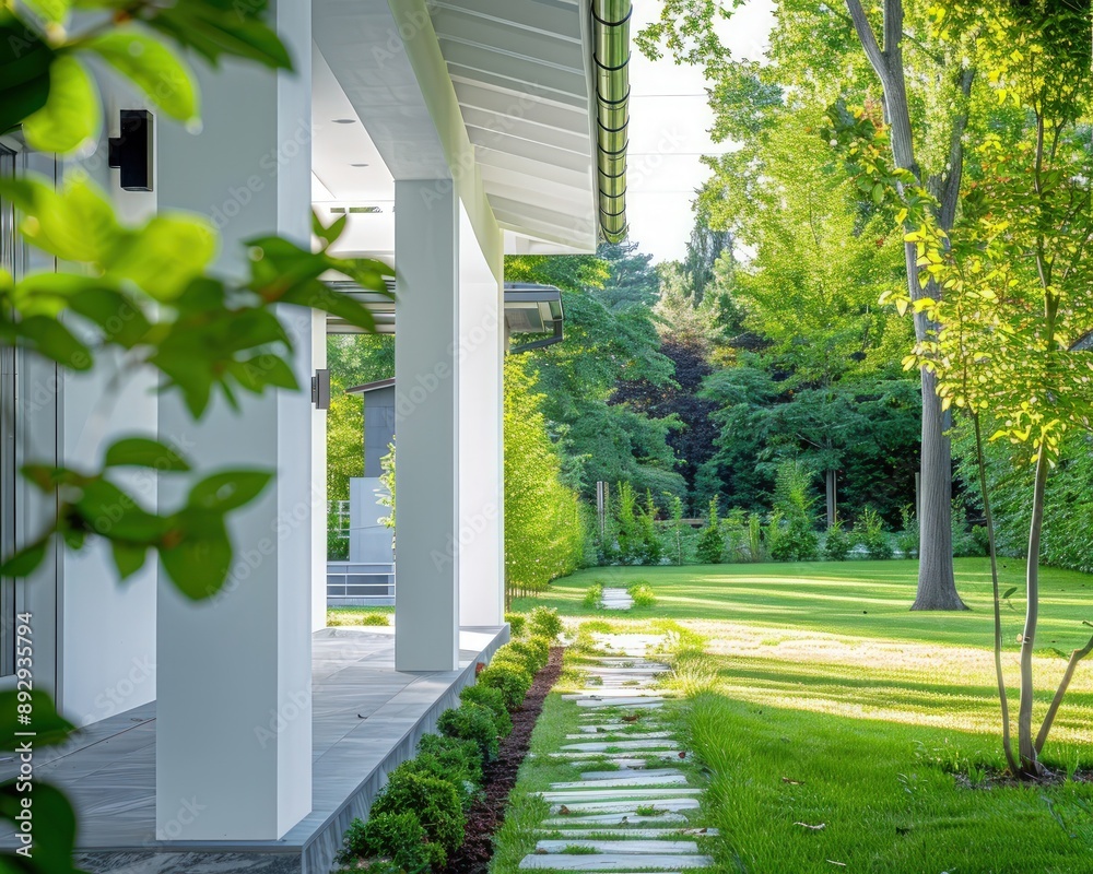 Modern white luxury home, newly built, featuring a green yard and a stone path leading to a beautifully designed covered porch. High-definition capture. Modern white luxury home, newly built, featuring a green yard and a stone path leading to a beautifully designed covered porch. High-definition capture.