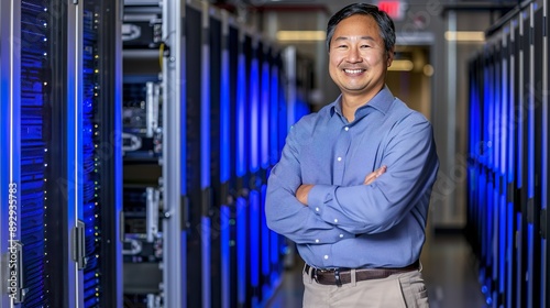 Smiling Asian Male IT Specialist in Server Room with Blue LED Equipment