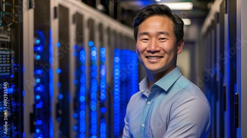 Happy Asian IT Engineer in Data Center Surrounded by Blue LED Equipment