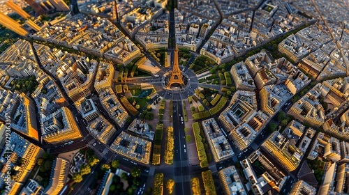 Fototapeta Naklejka Na Ścianę i Meble -  A detailed aerial photograph of Paris, focusing on the Eiffel Tower and its surrounding urban street layout, showcasing the city's iconic radial street design from above.