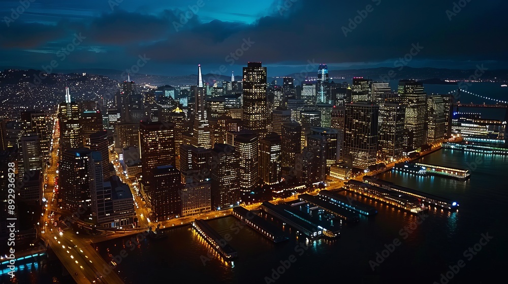 Obraz premium A breathtaking aerial photo of a city's illuminated skyline at night, with a waterfront and piers prominently visible, showcasing the city's urban beauty and vibrance.