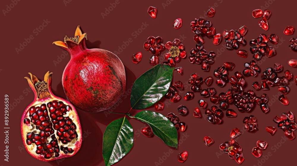 A pomegranate with green leaves and seeds on a burgundy background.