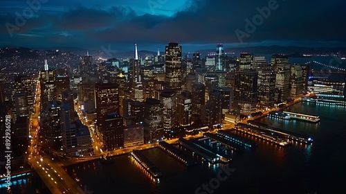 Wallpaper Mural A breathtaking aerial photo of a city's illuminated skyline at night, with a waterfront and piers prominently visible, showcasing the city's urban beauty and vibrance. Torontodigital.ca