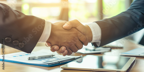 Business people shaking hands over table with documents and tablet computer, closeup view of handshake on office background 