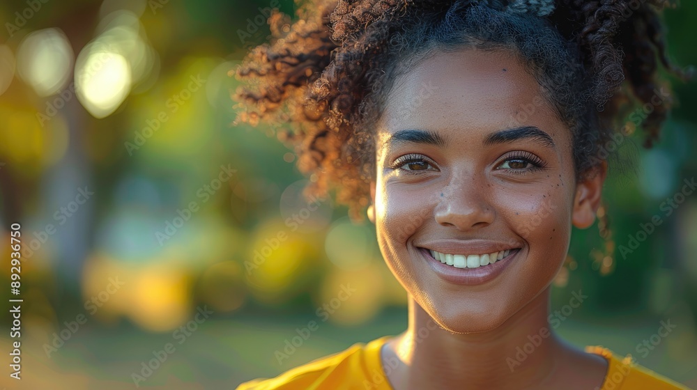 Closeup of a happy black female teenager jogging outdoors in nature. Young African American woman exercising and running outside to keep fit. Copy space Closeup of a happy black female teenager jogging outdoors in nature. Young African American woman exercising and running outside to keep fit. Copy space