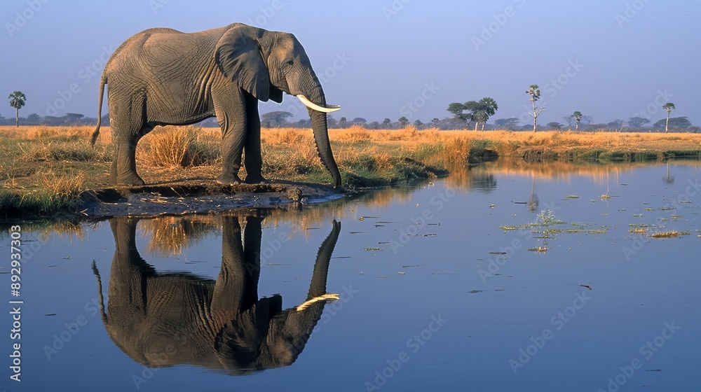 Fototapeta premium A graceful elephant drinks water from a reflective pond set against a vast savanna landscape, with its reflection captured almost perfectly in the clear water under the open sky.