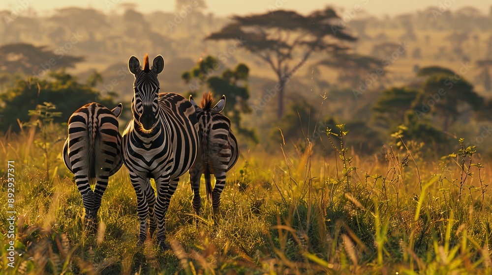 Fototapeta premium In this scenic view, three zebras stand in tall grass with soft morning light casting a gentle glow, illustrating the intimate and tranquil moments of African wildlife.