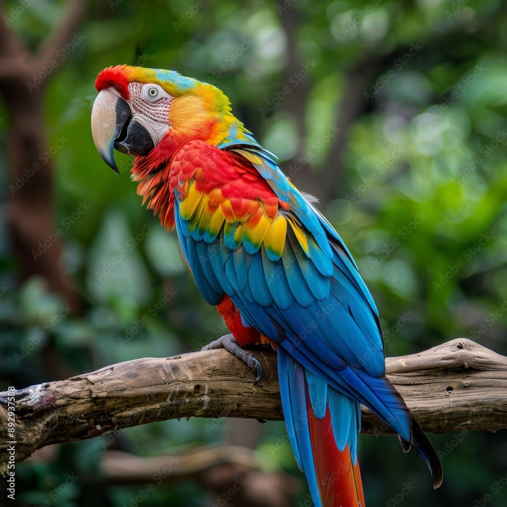 Obraz premium A high-quality stock image of a colorful macaw perched on a branch on a white isolated background. The image highlights the beauty of tropical birds. AI generation.