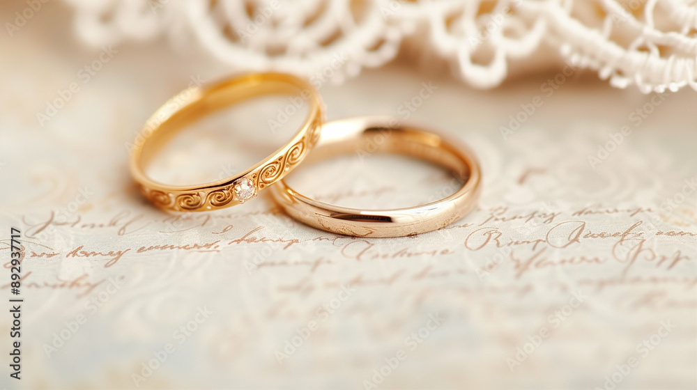 Elegant wedding rings in gold and detailed designs. Showcasing exquisite gold jewelry on an elegant lace background. Perfect for capturing love and commitment Elegant wedding rings in gold and detailed designs. Showcasing exquisite gold jewelry on an elegant lace background. Perfect for capturing love and commitment