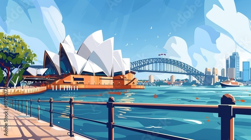 A beautiful illustration of Sydney Opera House and the Harbor Bridge with calm waters and buildings under a clear blue sky, showcasing a scenic urban waterfront view.